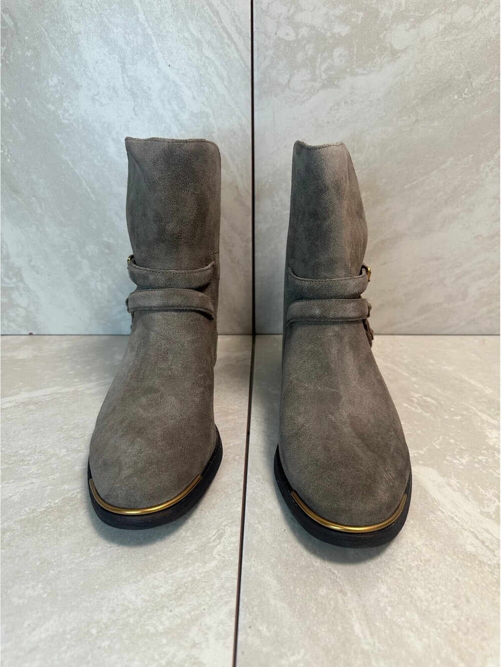Discontinued UGG Kelby mouse gray suede harness moto mid-calf boots Size 8 biker